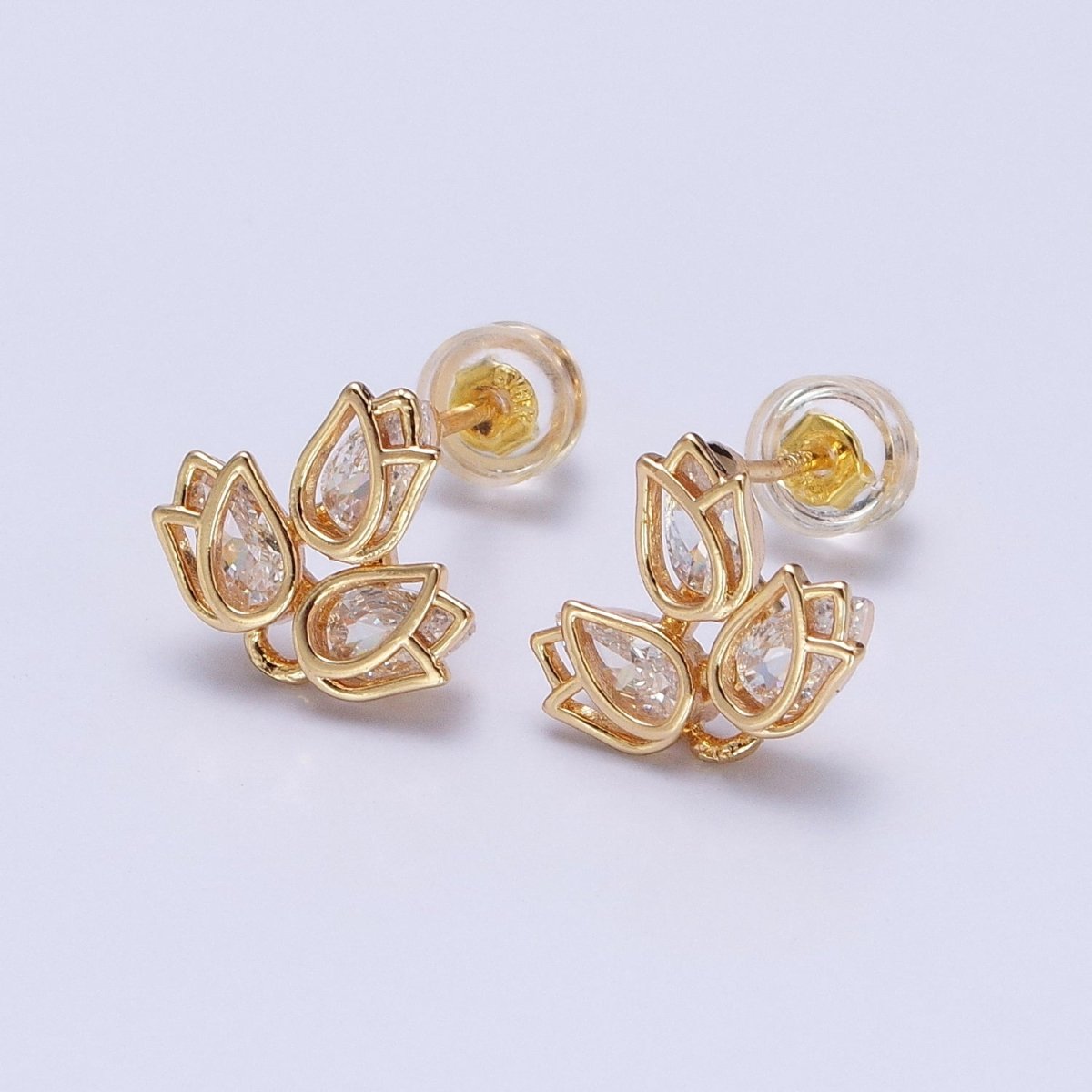 Gold Triple Tulip Nature Flower Clear CZ Stud Earrings | AB520