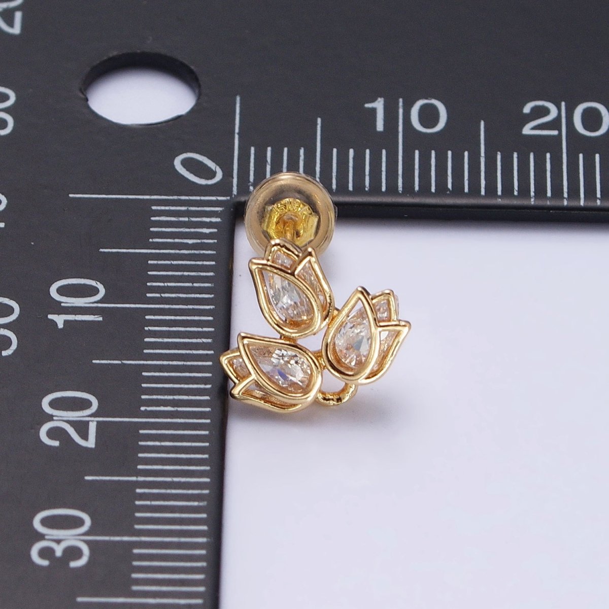 Gold Triple Tulip Nature Flower Clear CZ Stud Earrings | AB520
