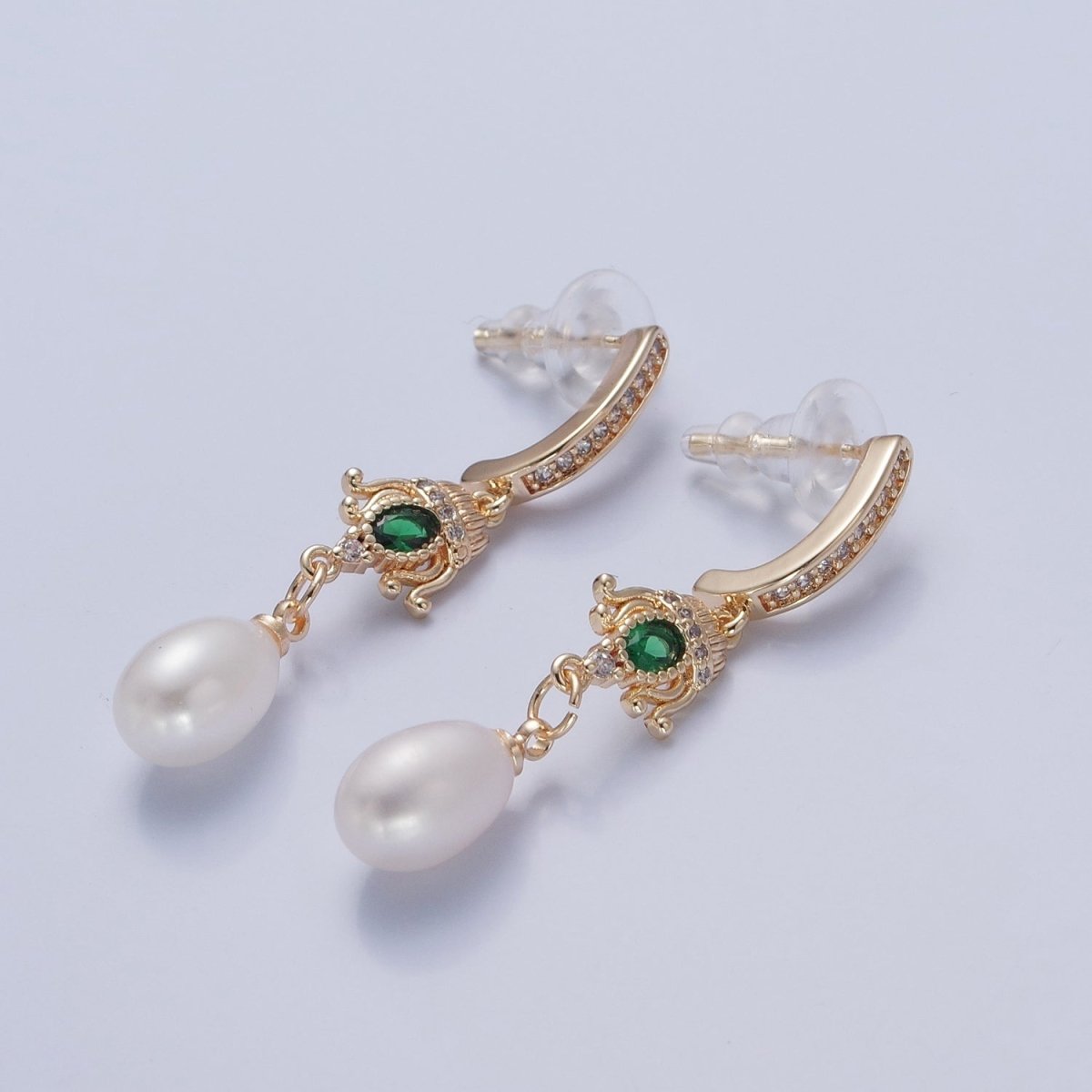 Gold Vintage Green Emerald CZ Drop Stud Earring With Pearl V-370