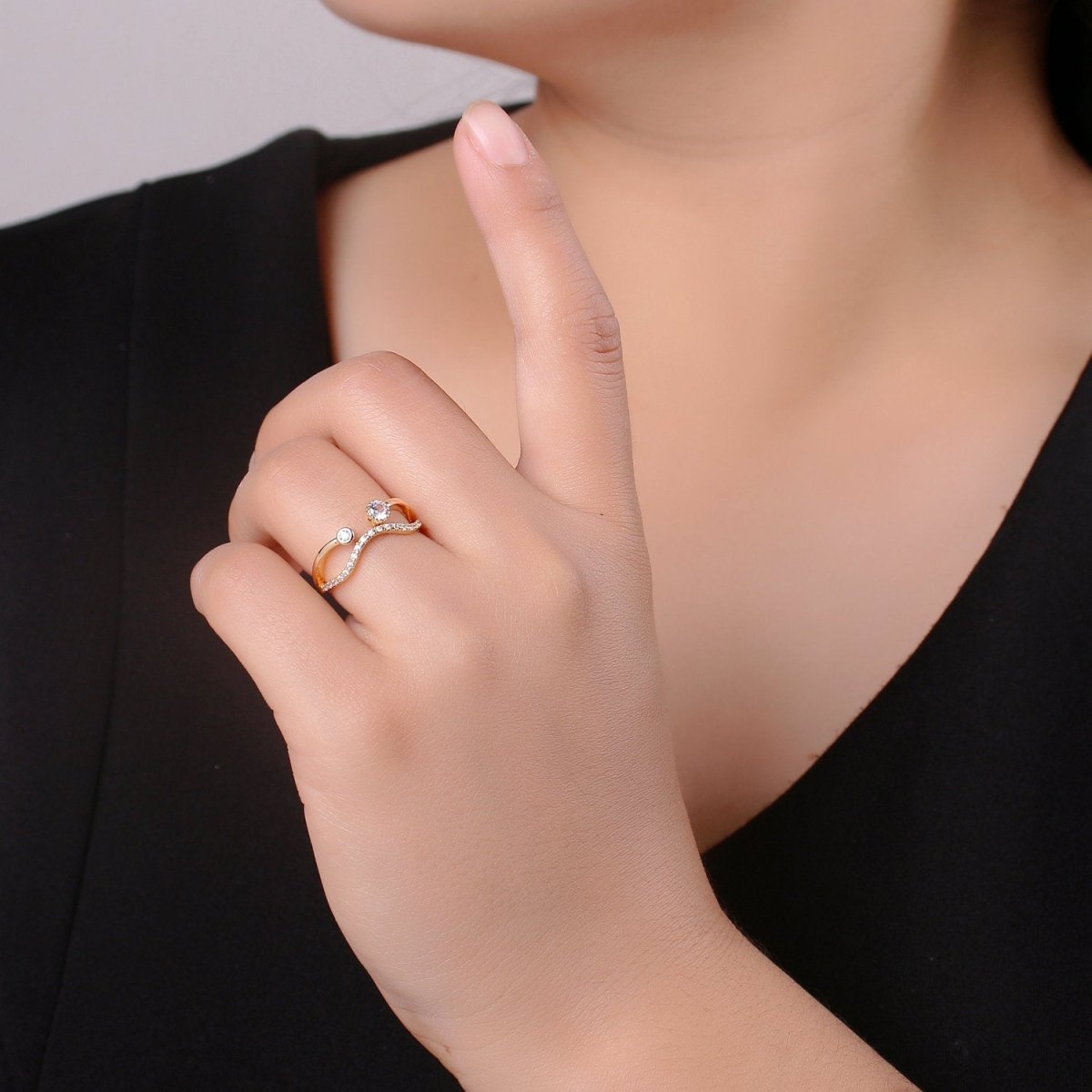 Gold wave ring, Micro Pave Open Ring Gold Vermeil ring, Dainty wave ring Micro Pave Stacking rings, Cz gold wave R-148
