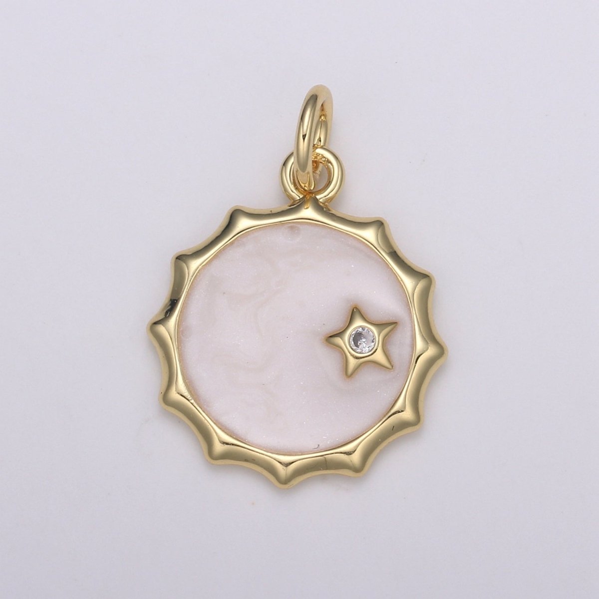 Gold White Enamel Moon and Solitaire Star CZ Charms, Cubic Arion charm in Round Disc Charm Medallion for Necklace E-188