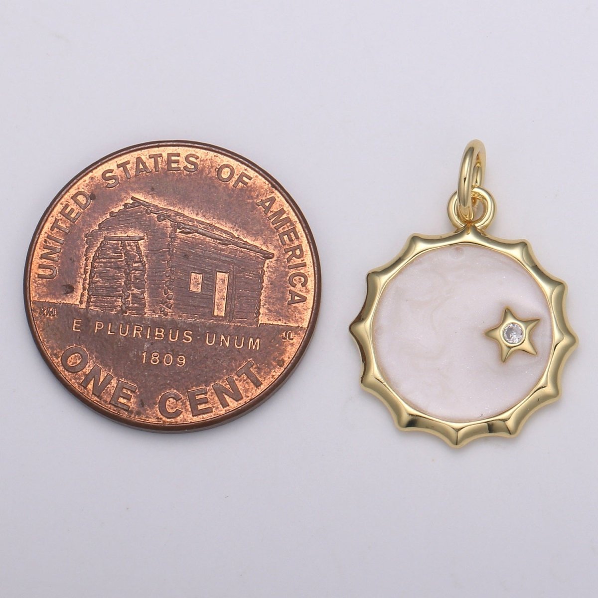 Gold White Enamel Moon and Solitaire Star CZ Charms, Cubic Arion charm in Round Disc Charm Medallion for Necklace E-188
