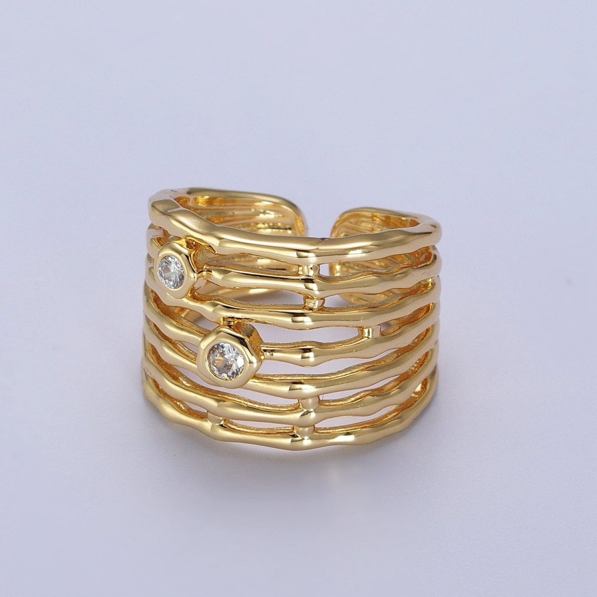 Gold Wide Multiple Bamboo Geometric CZ Band Statement Ring | O-068