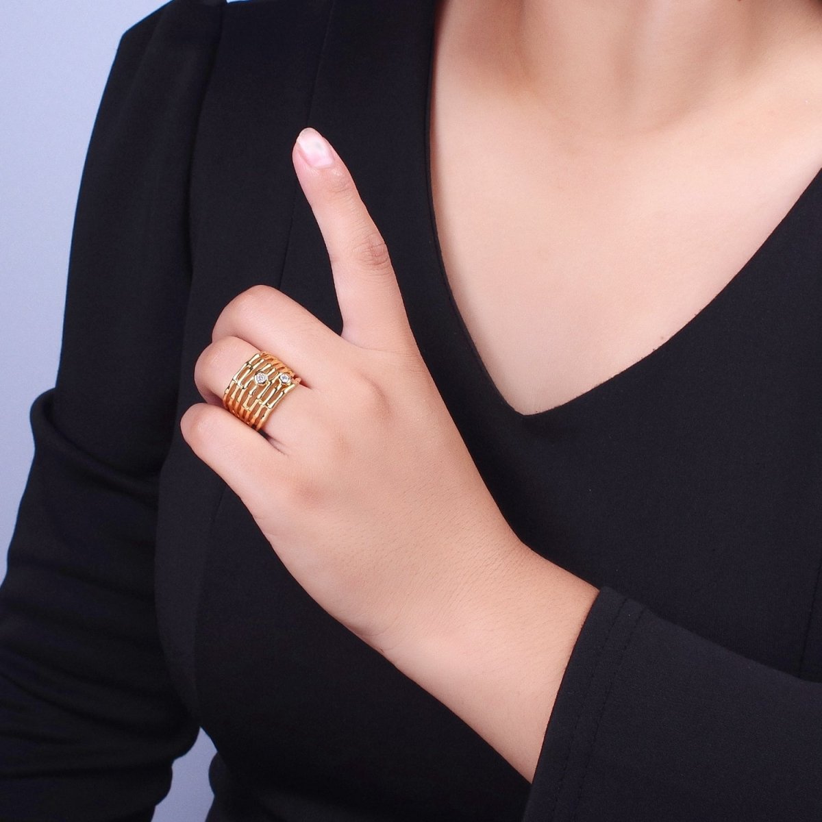 Gold Wide Multiple Bamboo Geometric CZ Band Statement Ring | O-068