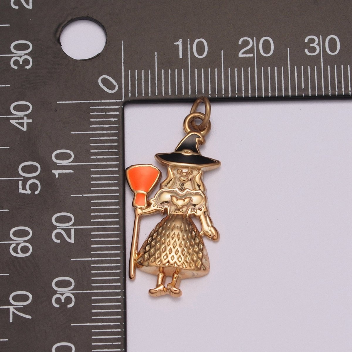 Gold Witch Charm Enamel Old Hag Witch With Broom for Halloween Pendant Jewelry Inspired, M-773
