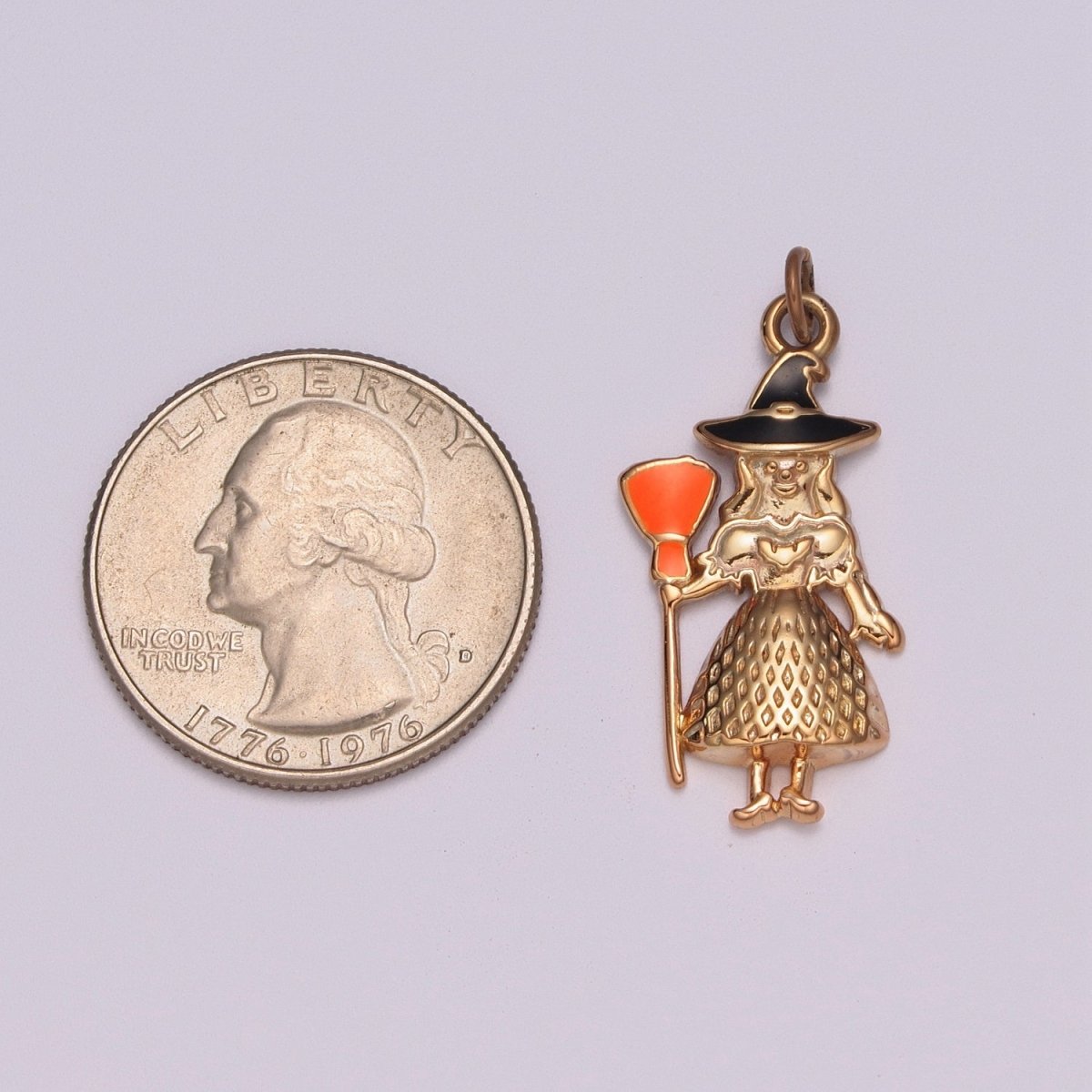 Gold Witch Charm Enamel Old Hag Witch With Broom for Halloween Pendant Jewelry Inspired, M-773