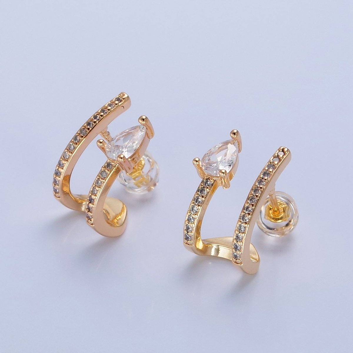 Gold Wrap Stud Earring with Tear Drop CZ Stone T-460