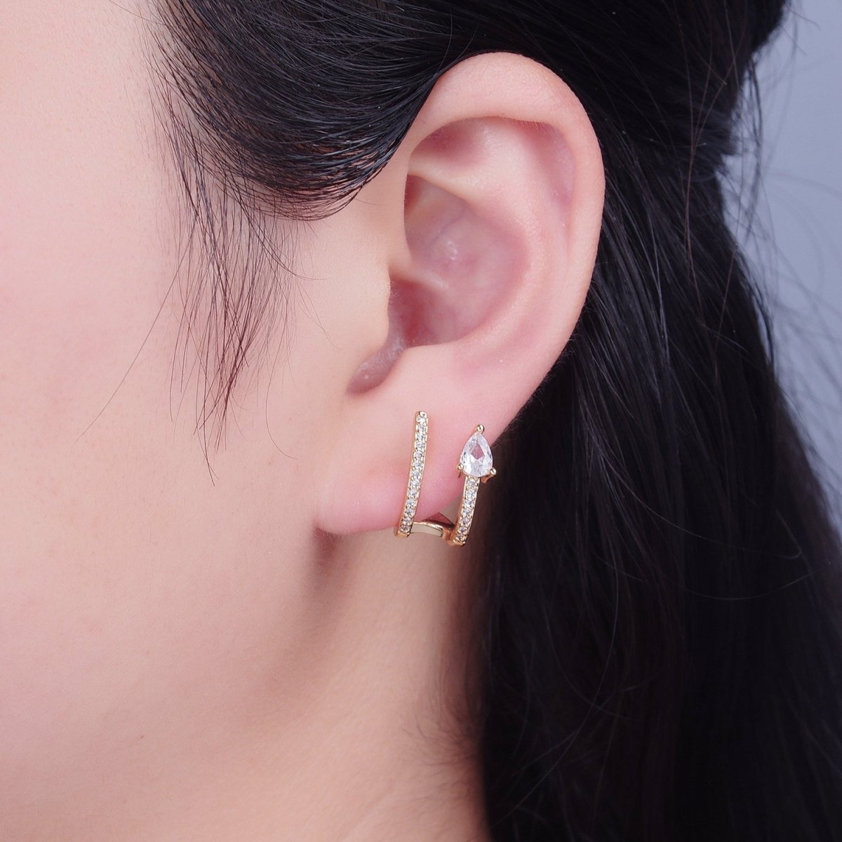 Gold Wrap Stud Earring with Tear Drop CZ Stone T-460