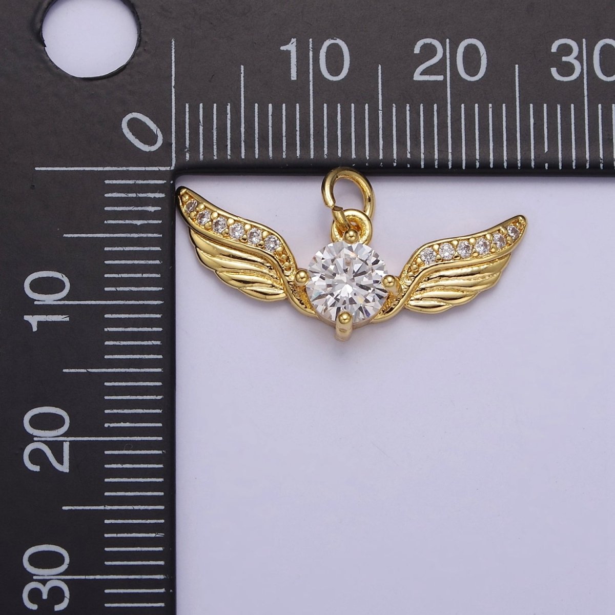 Golden Angel Wing with Round Cubic Zirconia CZ, Feather Wing Charm For Jewelry Necklace Bracelet Making E-747