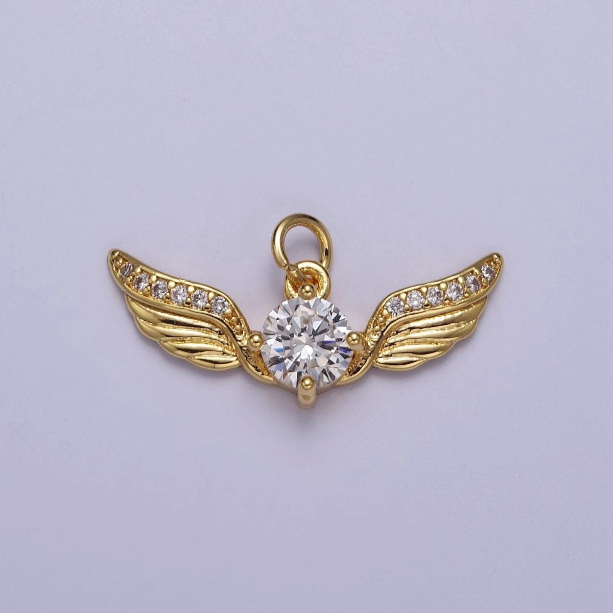 Golden Angel Wing with Round Cubic Zirconia CZ, Feather Wing Charm For Jewelry Necklace Bracelet Making E-747