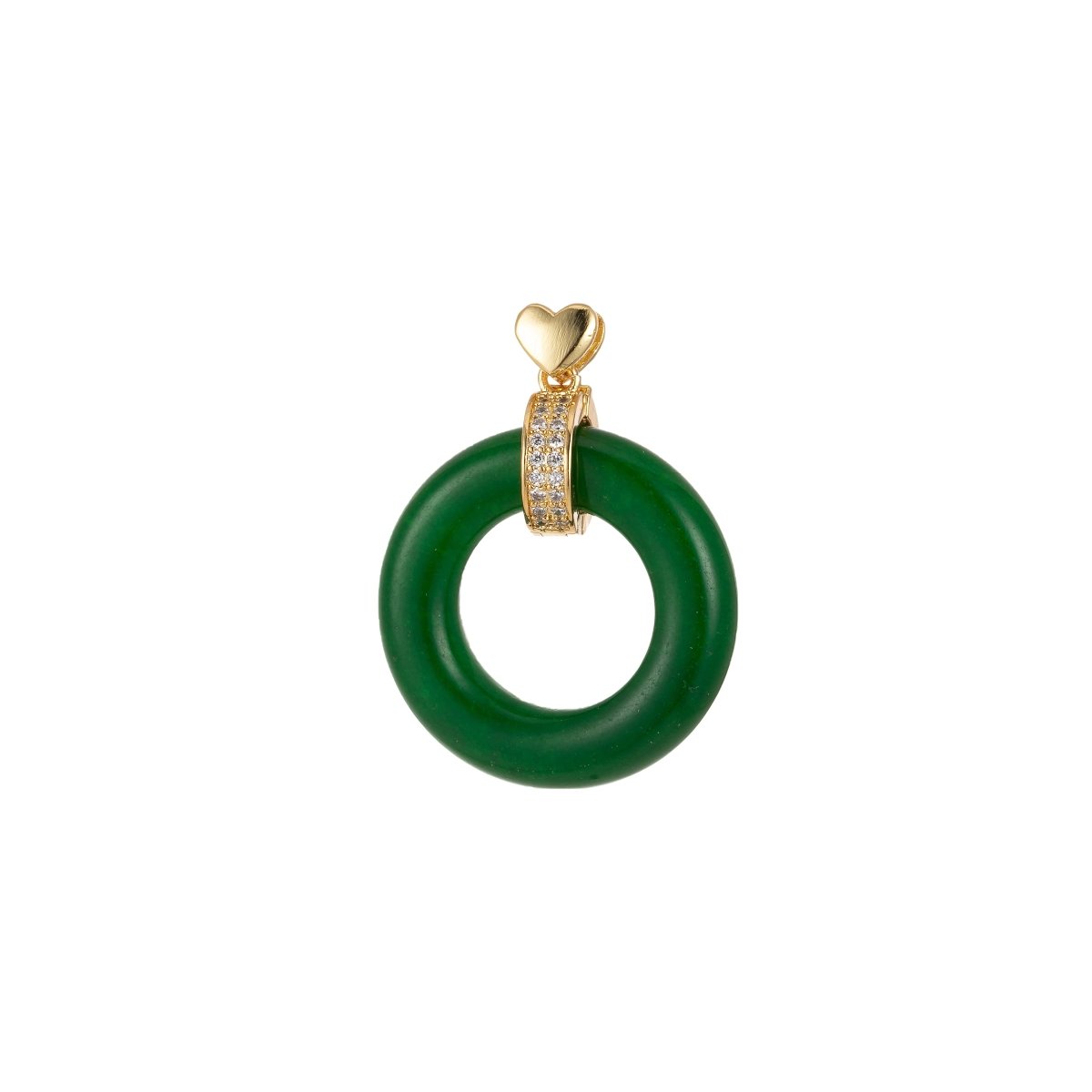 Good Fortune Gold Green Jade Heart Circle Pendant Donut Charm J-817