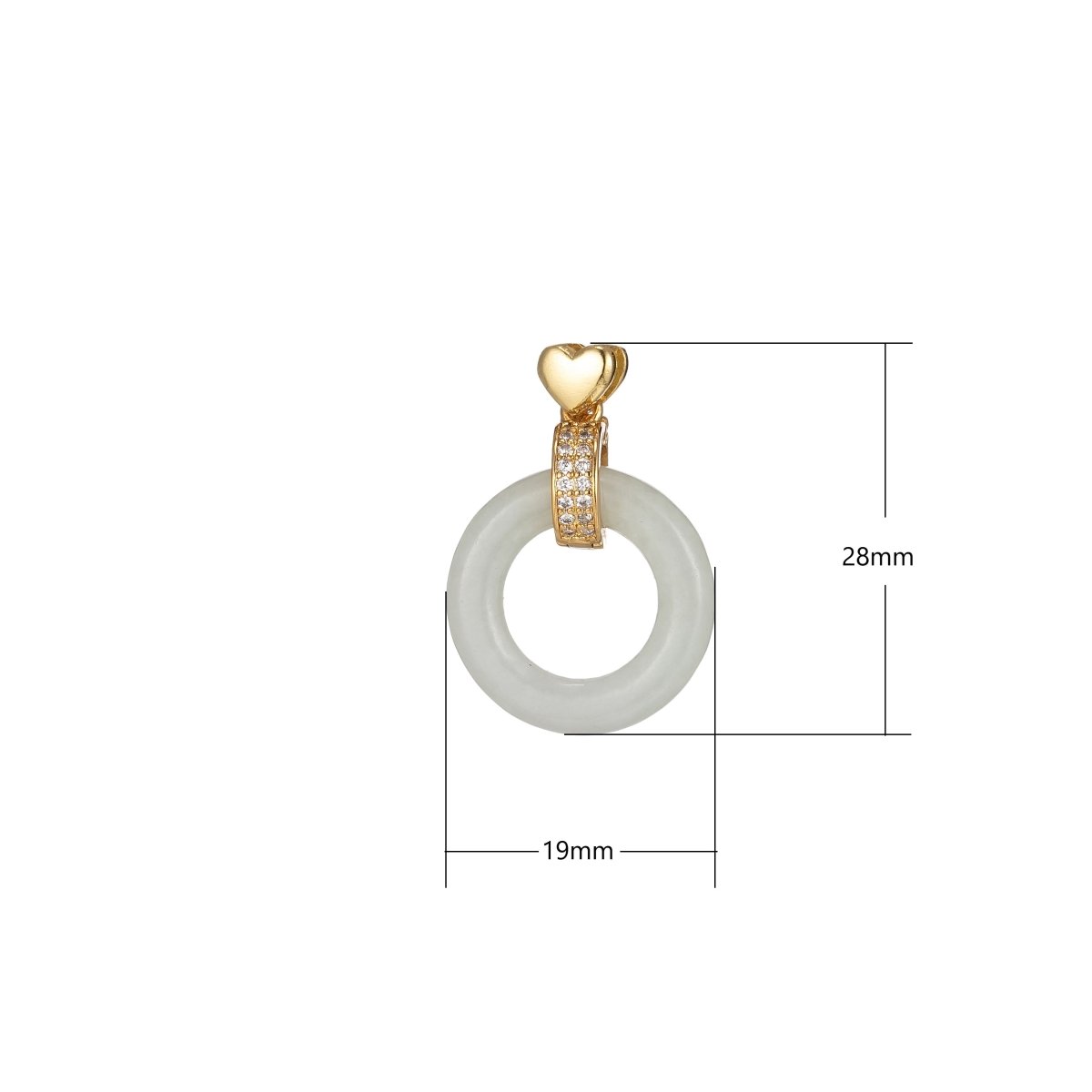 Good Fortune Gold Malay Jade Stone White Natural Stone Donut Ring Jade Heart Gold Filled Pendant AH-330