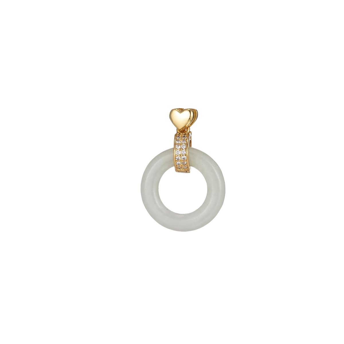 Good Fortune Gold Malay Jade Stone White Natural Stone Donut Ring Jade Heart Gold Filled Pendant AH-330
