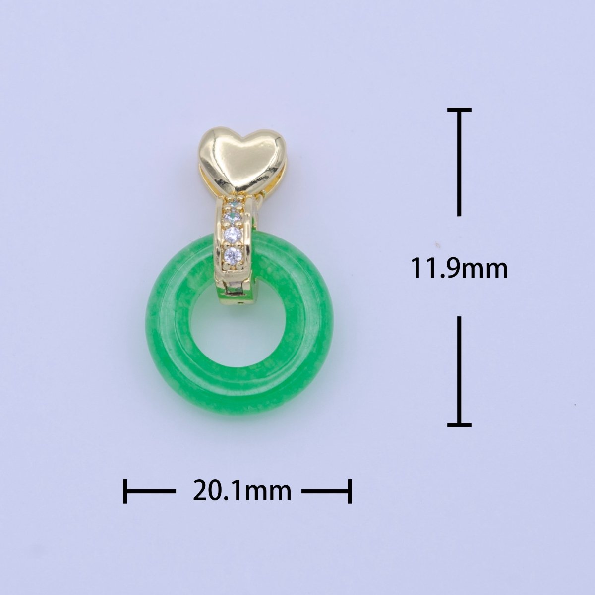 Good Fortune Green Malay Jade Donut Micro Paved CZ Gold Heart Pendant H-264