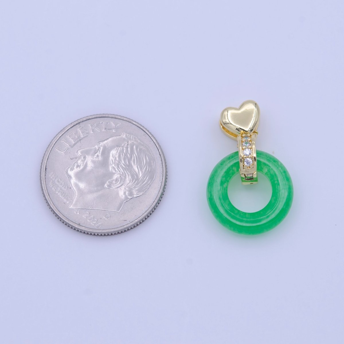 Good Fortune Green Malay Jade Donut Micro Paved CZ Gold Heart Pendant H-264
