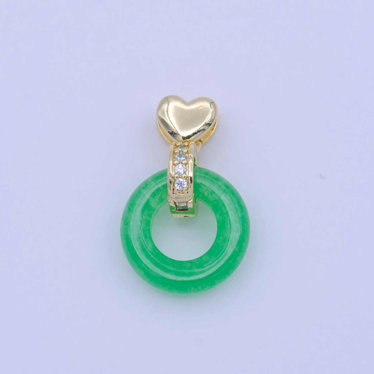 Good Fortune Green Malay Jade Donut Micro Paved CZ Gold Heart Pendant H-264