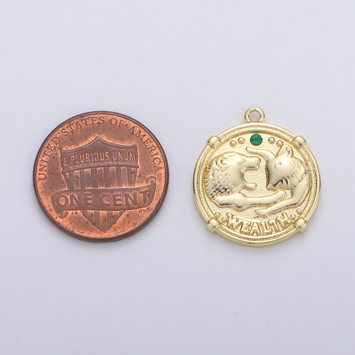 Good Luck charm "Wealth" Rustic Coin Gold Filled Charm with Green Crystal  C-930