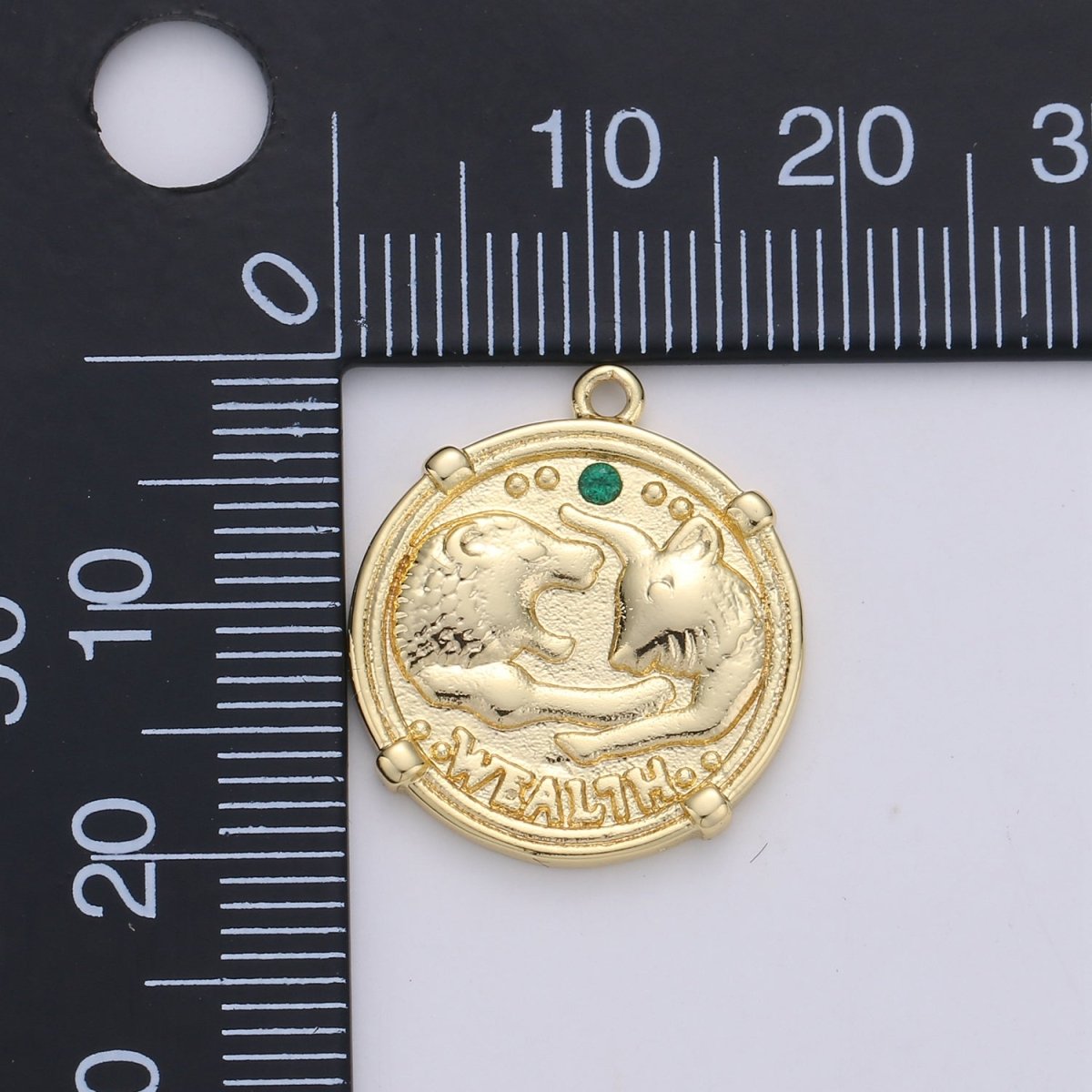 Good Luck charm "Wealth" Rustic Coin Gold Filled Charm with Green Crystal  C-930