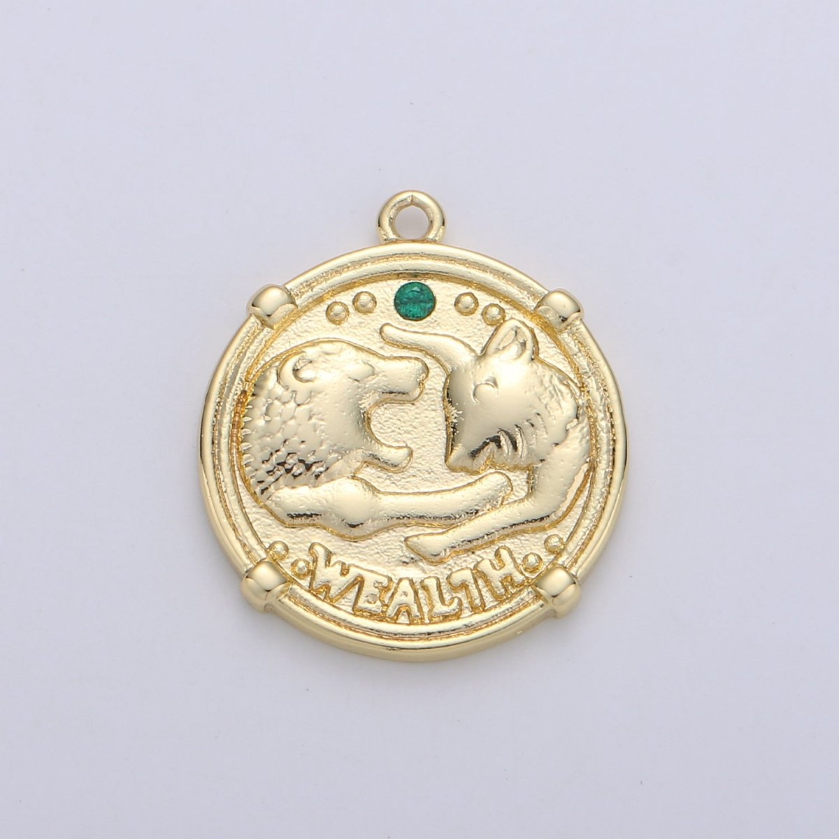 Good Luck charm "Wealth" Rustic Coin Gold Filled Charm with Green Crystal  C-930