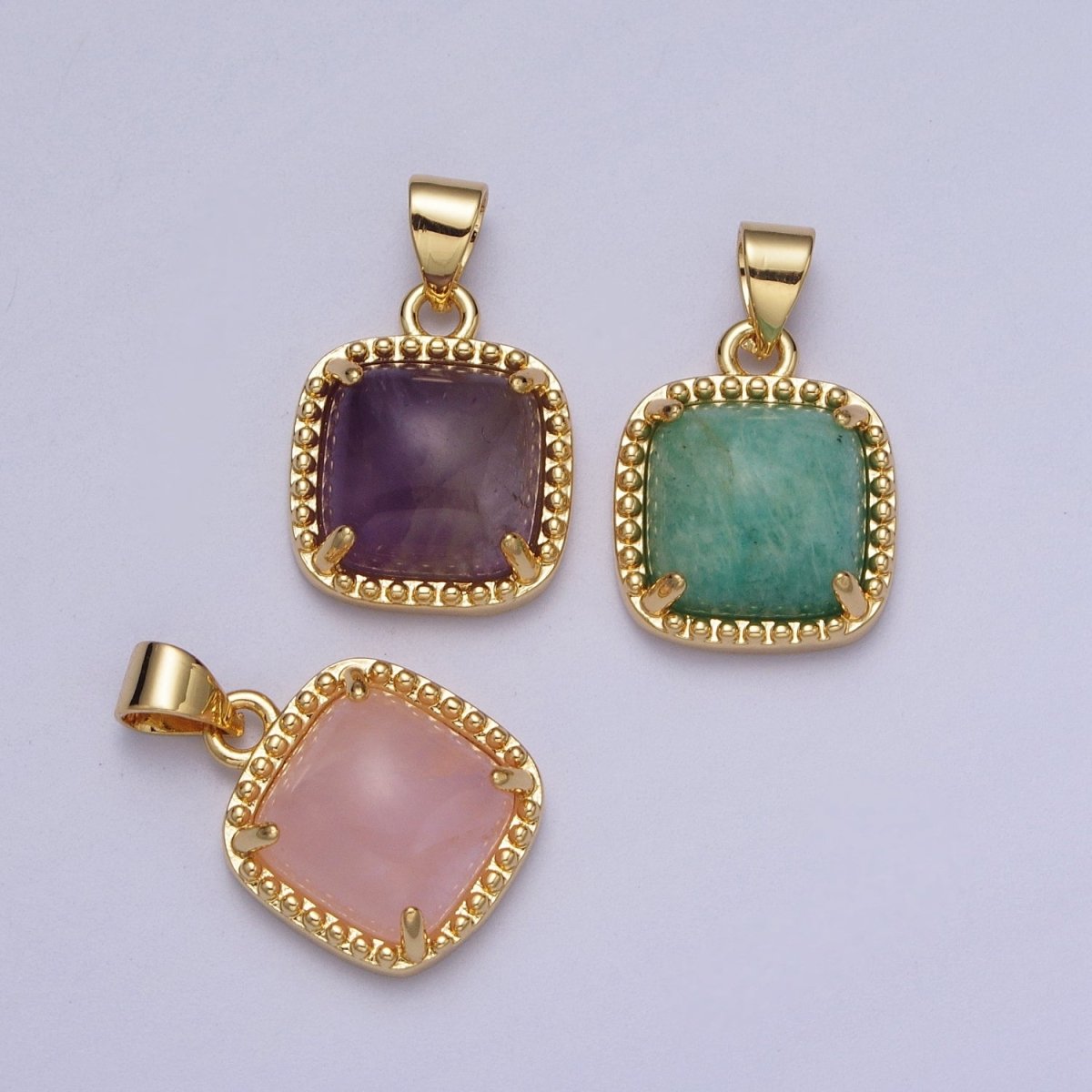 Green Aventurine, Pink Quartz, Purple Amethyst Minimalist Square Gold Pendant  I-325 I-343 I-363