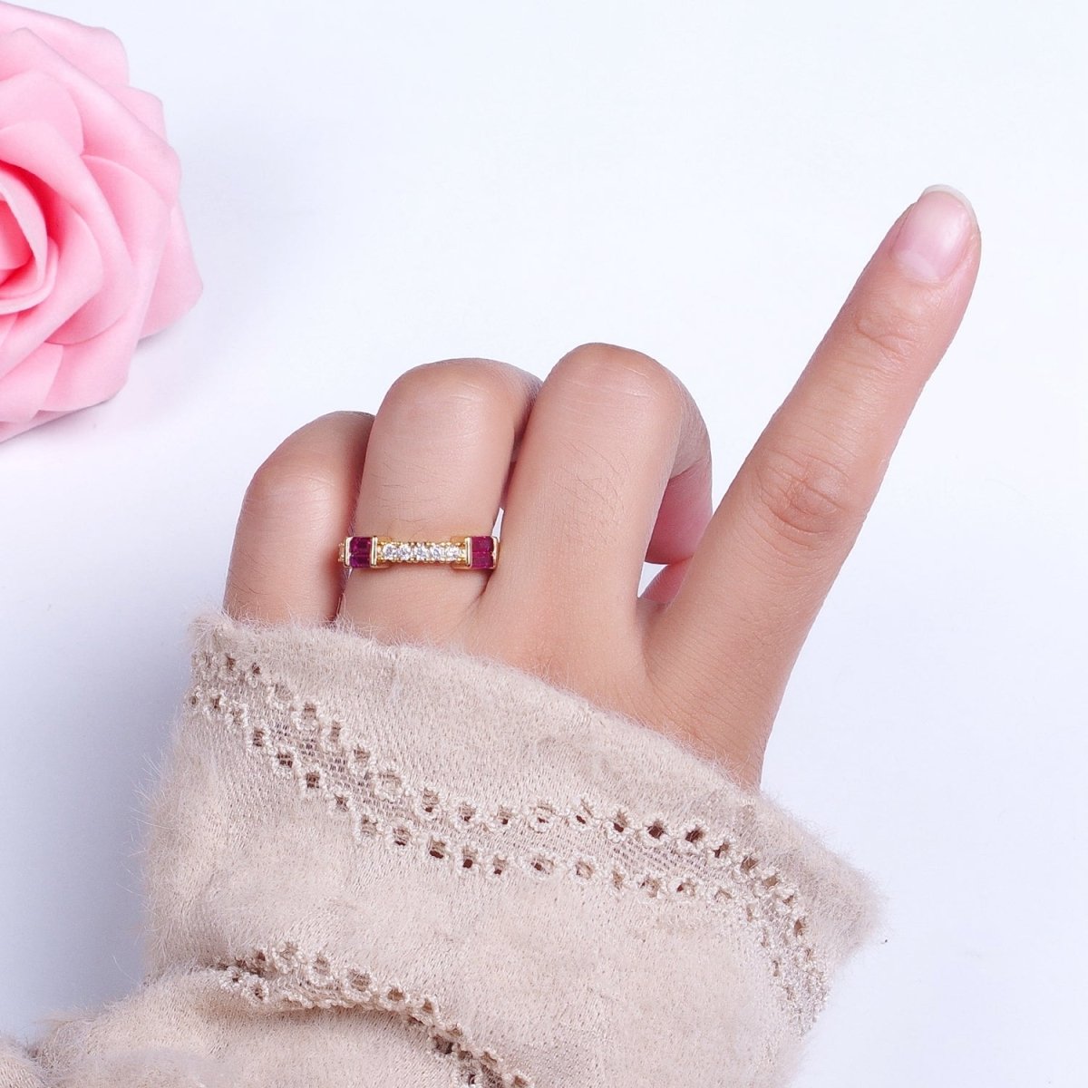Green, Clear, Fuchsia Baguette Round Cubic Zirconia Gold Ring | O-026 O-027 O-028