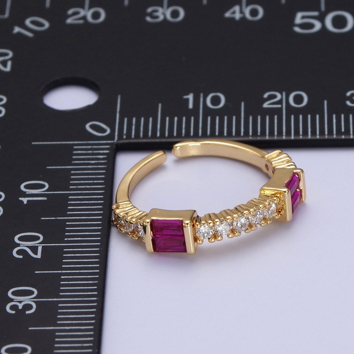Green, Clear, Fuchsia Baguette Round Cubic Zirconia Gold Ring | O-026 O-027 O-028