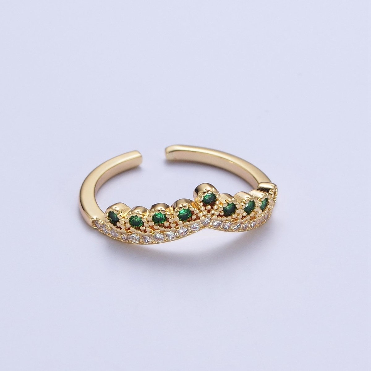 Green & Clear Micro Paved Cubic Zirconia Curved Line Crown Adjustable Gold Ring | U-039