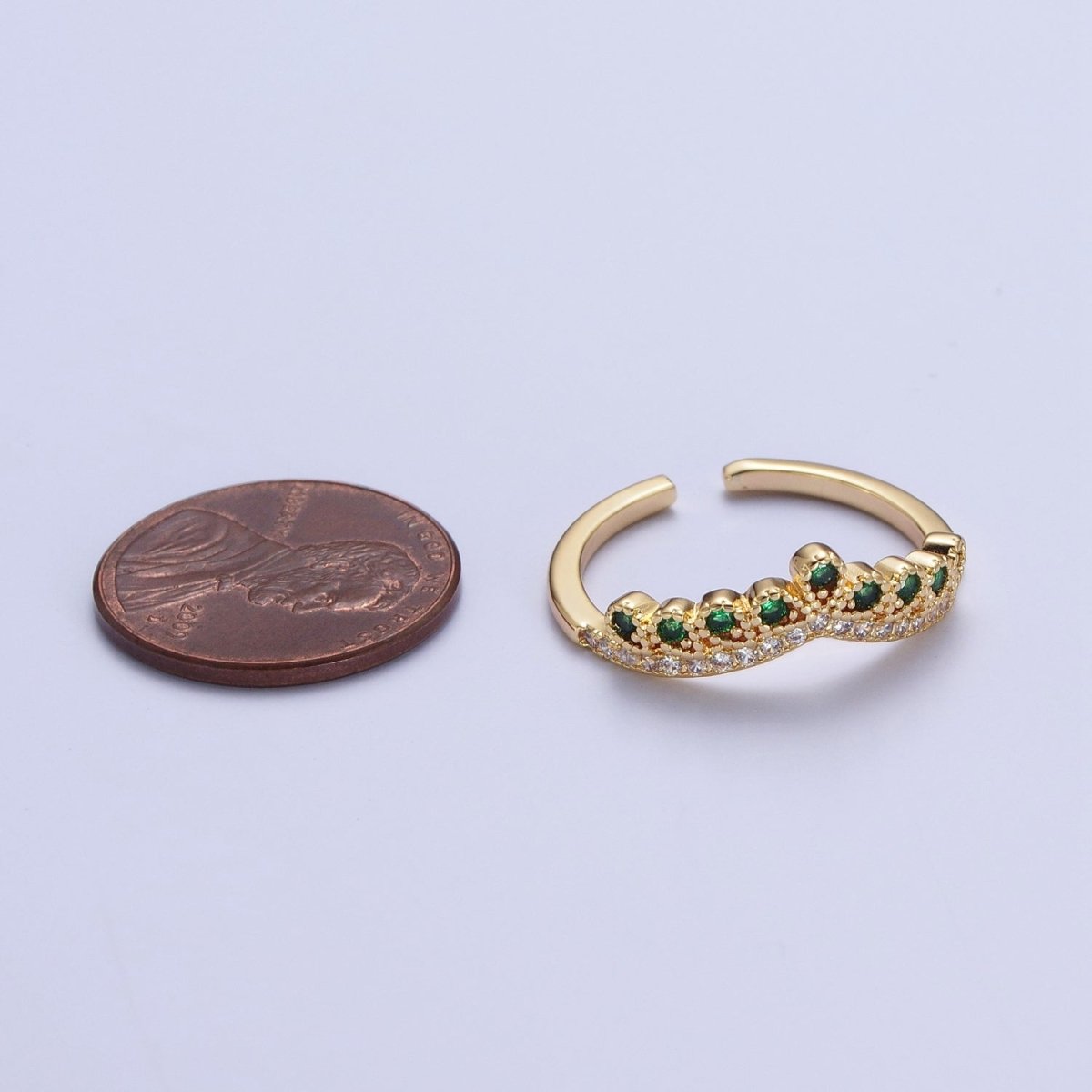 Green & Clear Micro Paved Cubic Zirconia Curved Line Crown Adjustable Gold Ring | U-039