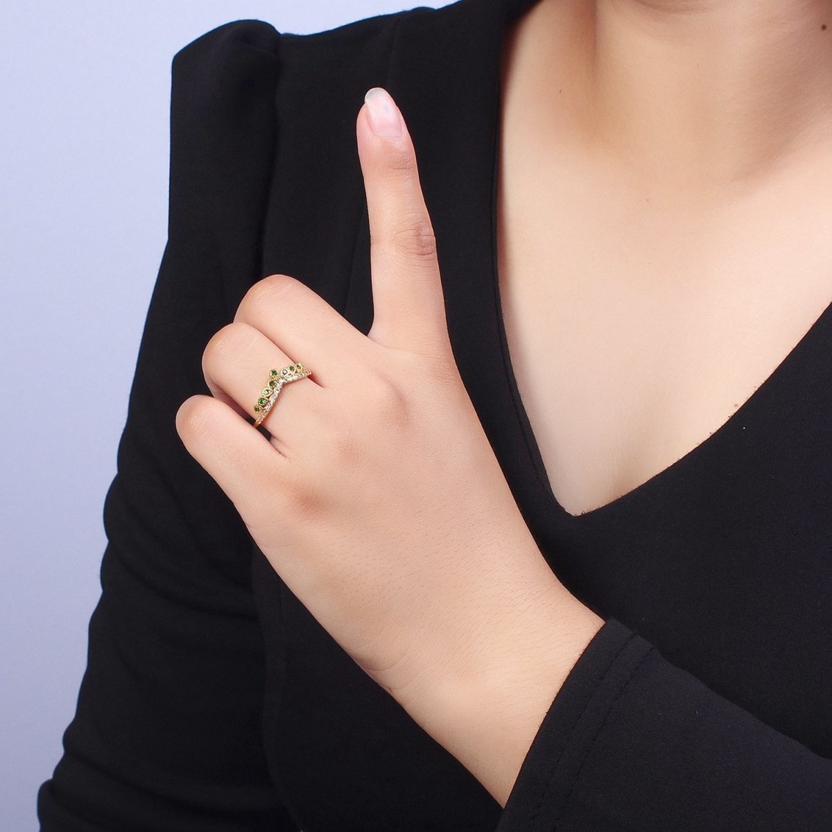 Green & Clear Micro Paved Cubic Zirconia Curved Line Crown Adjustable Gold Ring | U-039