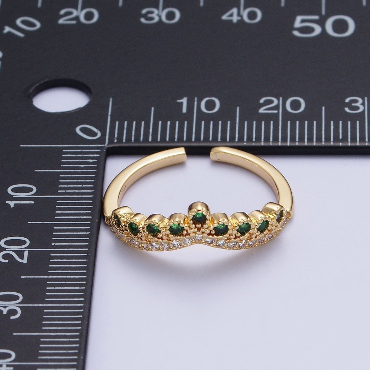 Green & Clear Micro Paved Cubic Zirconia Curved Line Crown Adjustable Gold Ring | U-039