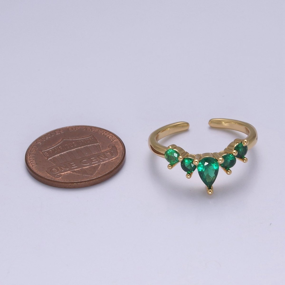 Green Crown Gold Emerald Style Ring with Cubic Zirconia Dainty Marquise CZ Adjustable Ring S-504