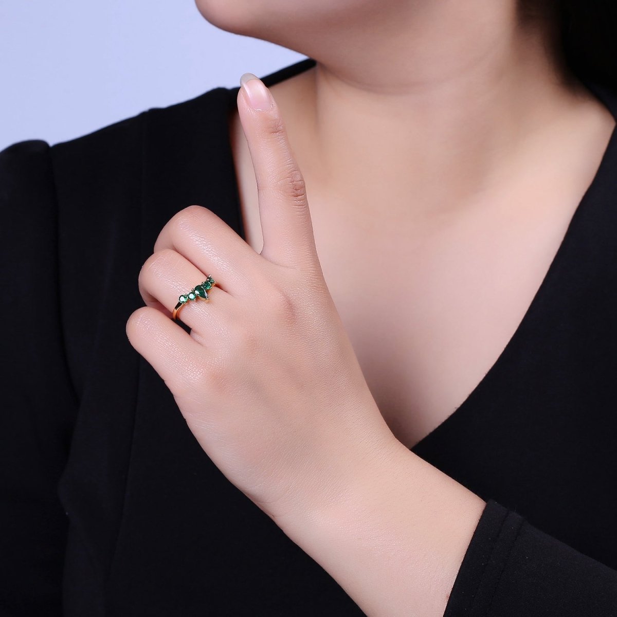 Green Crown Gold Emerald Style Ring with Cubic Zirconia Dainty Marquise CZ Adjustable Ring S-504
