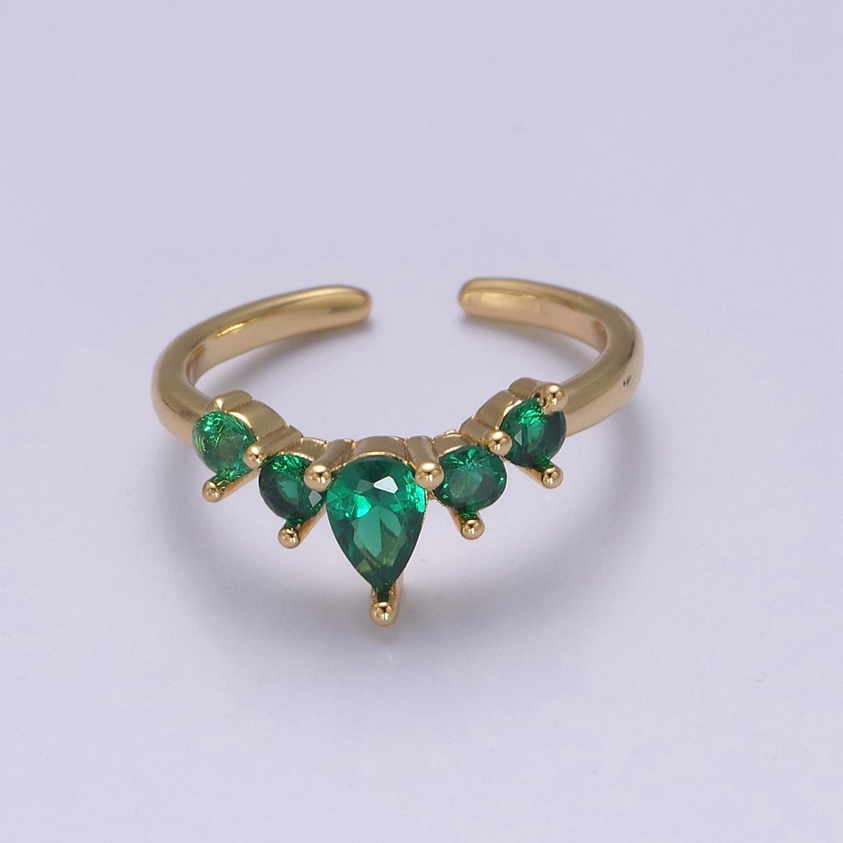 Green Crown Gold Emerald Style Ring with Cubic Zirconia Dainty Marquise CZ Adjustable Ring S-504