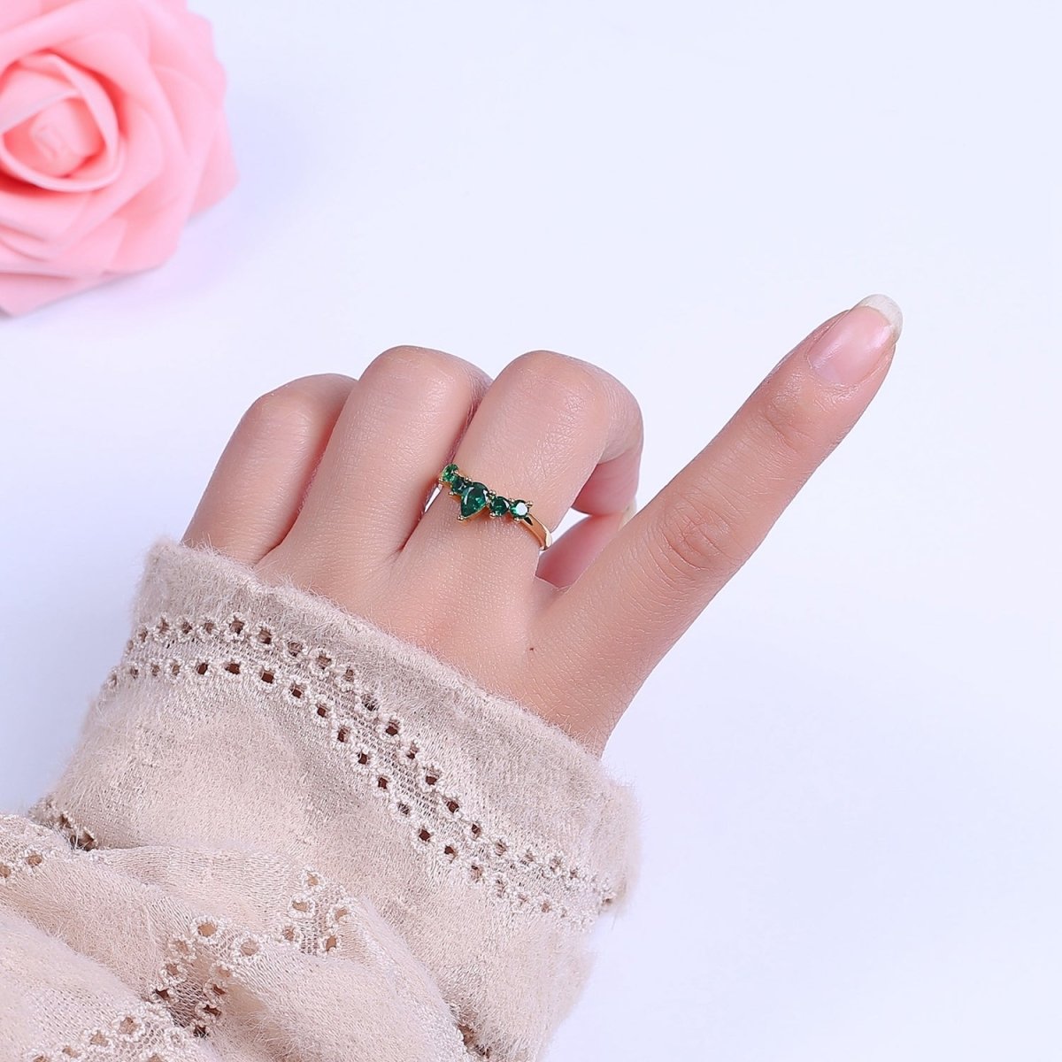Green Crown Gold Emerald Style Ring with Cubic Zirconia Dainty Marquise CZ Adjustable Ring S-504