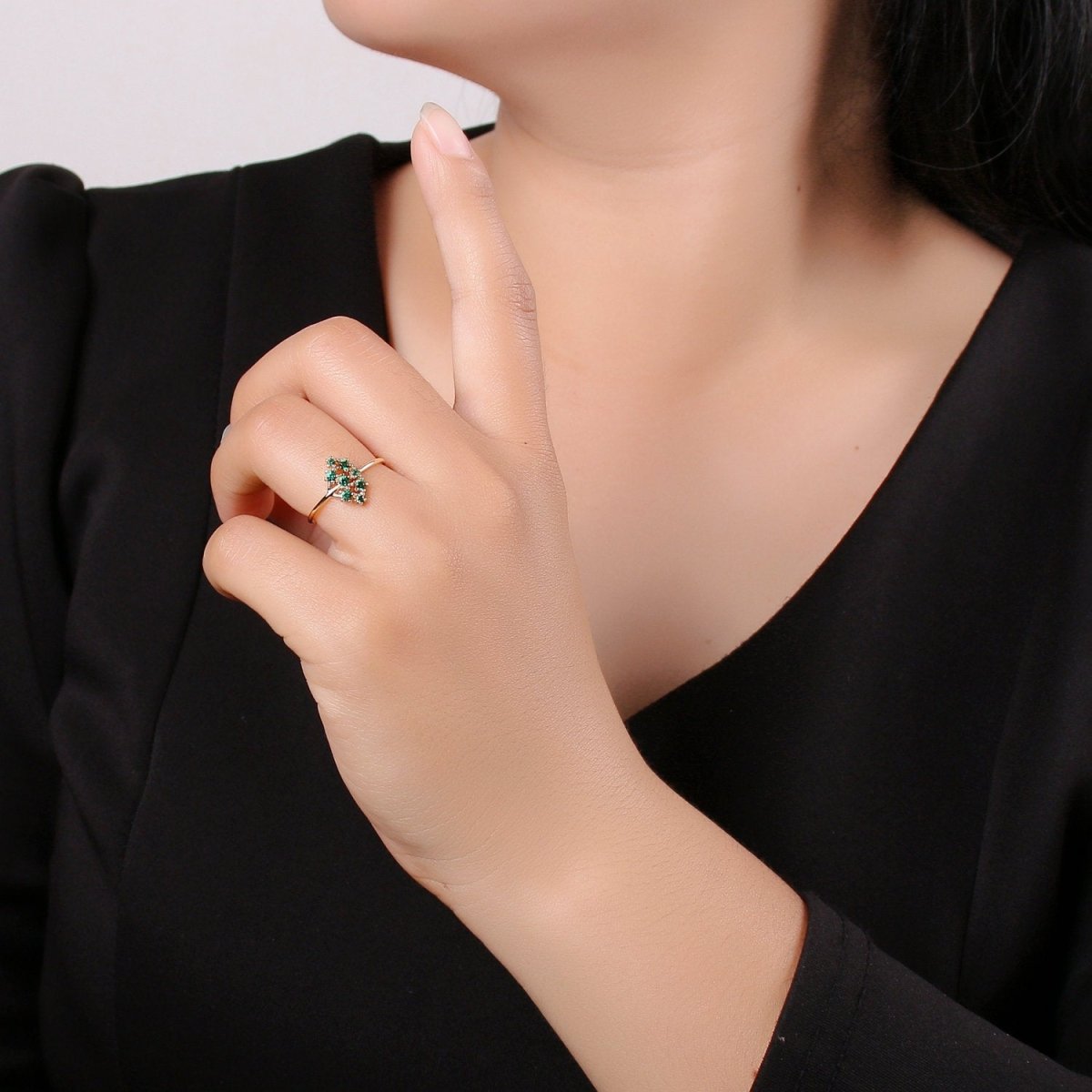 Green CZ Ring - 14k Gold Vermeil Ring - Green Zirconia Ring - Gold Open Ring - Minimalist Ring - Adjustable Layering - Stacking Ring R-071