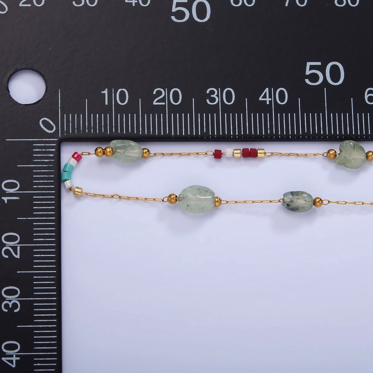 Green Gemstone Beaded Chain on Gold Rosary Paperclip Chain by Yard | ROLL-1499