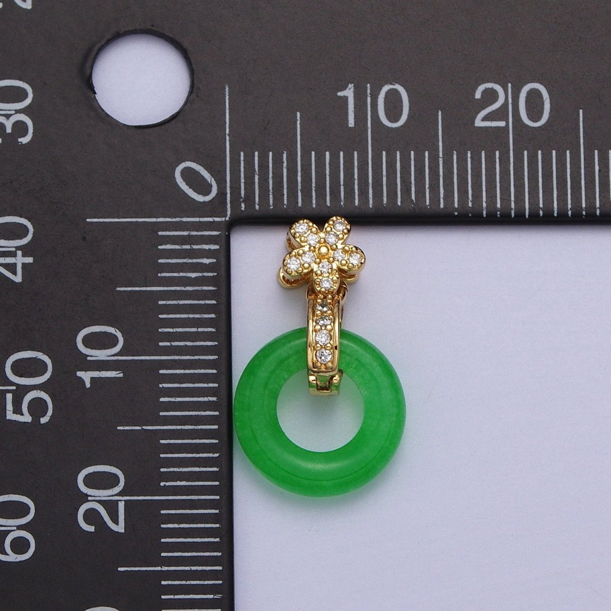 Green Malaysian Jade Donut Micro Paved CZ Gold Flower Pendant | AA010