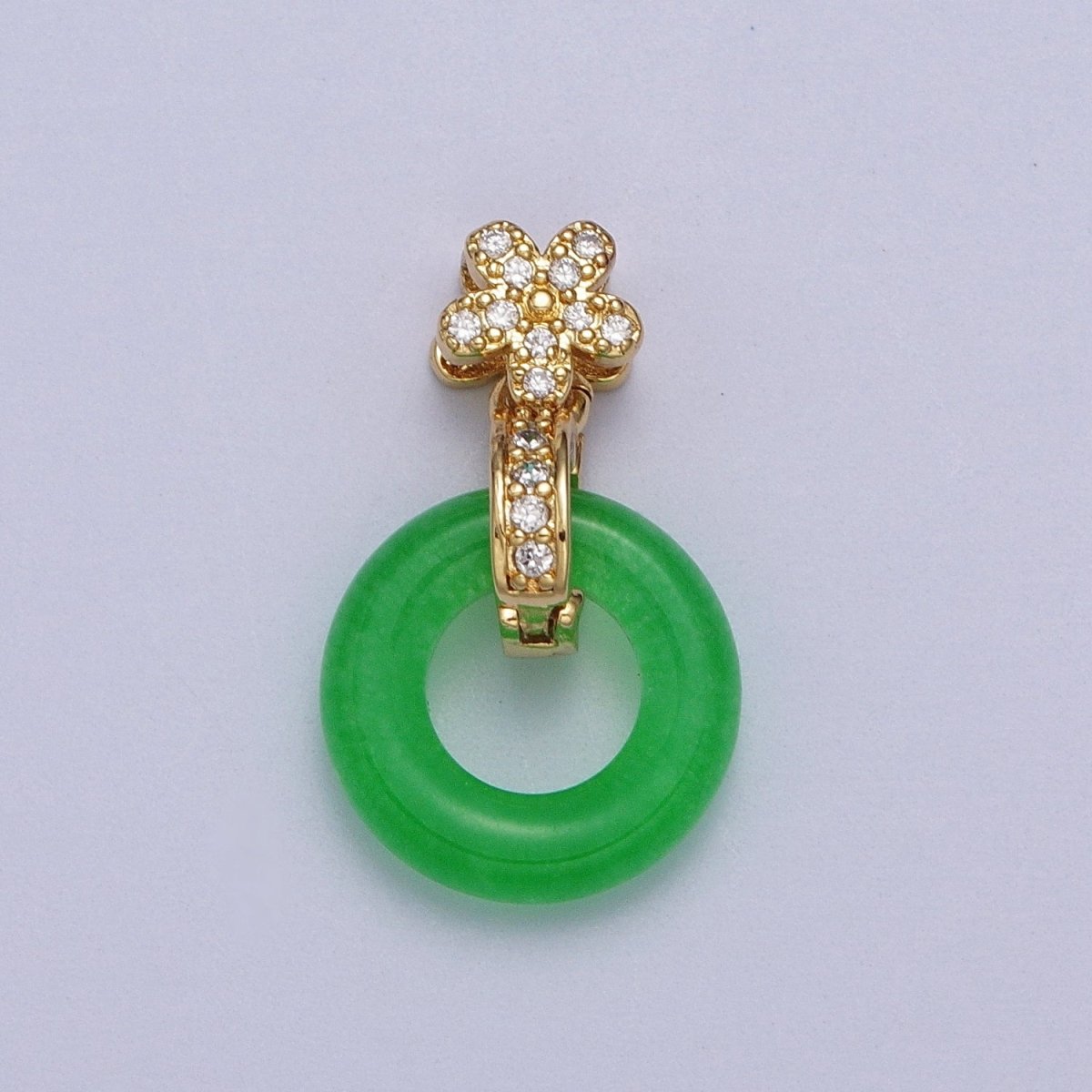 Green Malaysian Jade Donut Micro Paved CZ Gold Flower Pendant | AA010