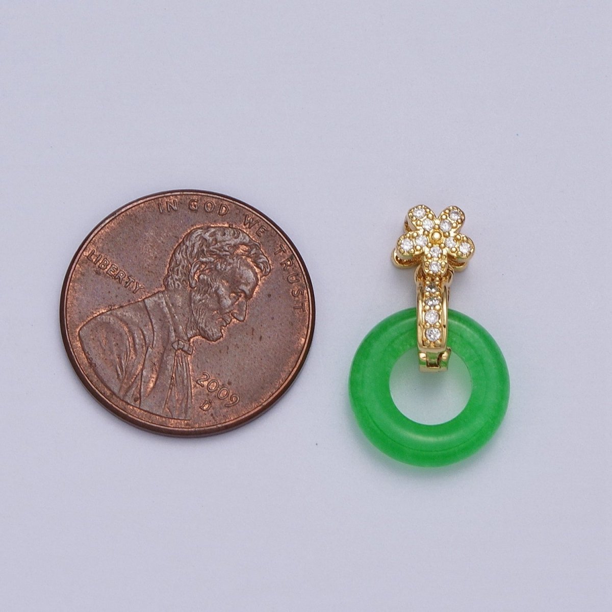 Green Malaysian Jade Donut Micro Paved CZ Gold Flower Pendant | AA010