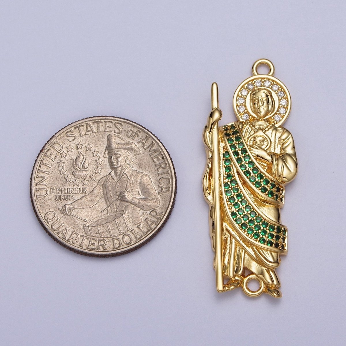 Green Micro Paved CZ Saint Jude Religious San Judas Tadeo Cadena Charm Connector for Bracelet  | Y-674