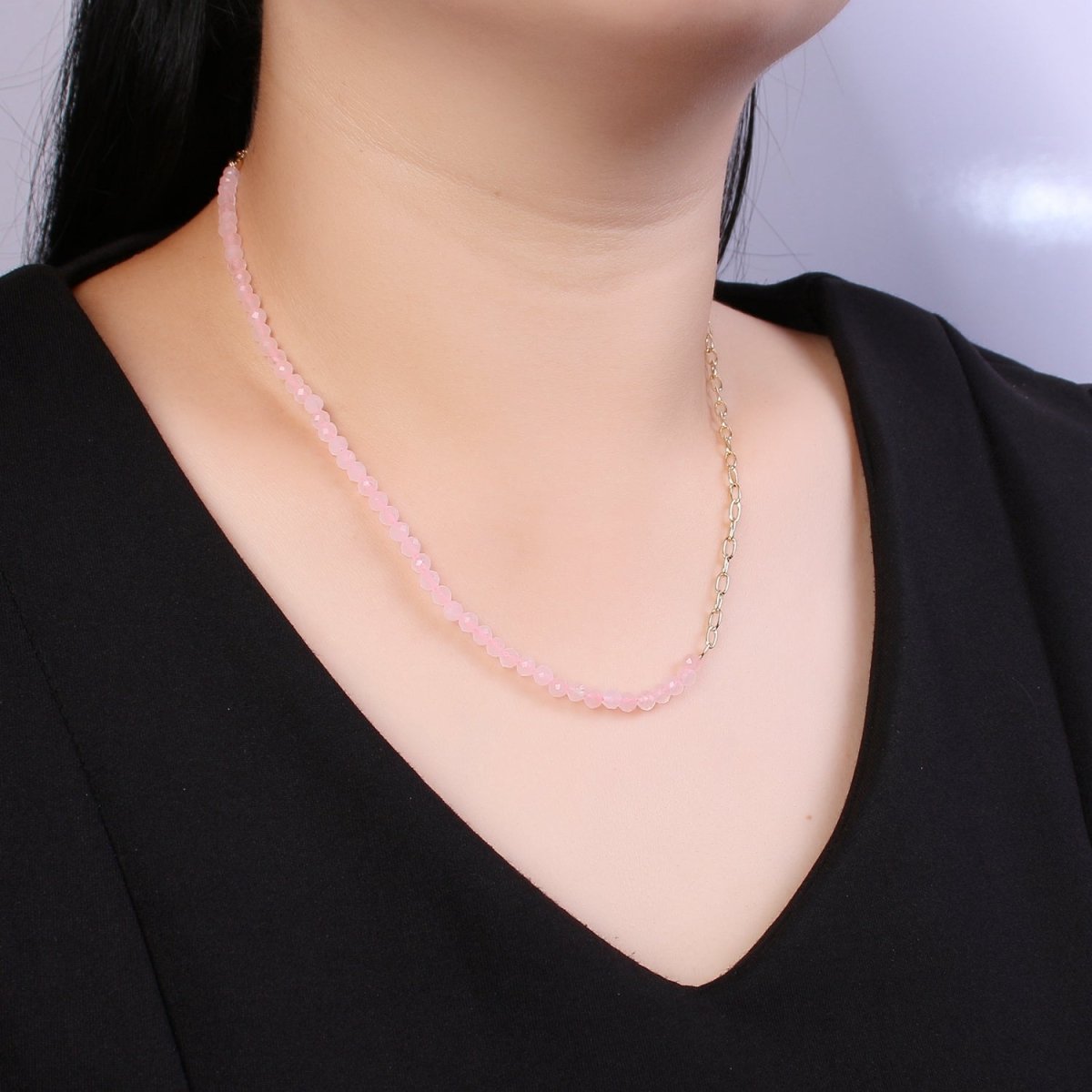 Half 14K Gold Filled Cable Link Chain, Half Dainty Pink Quartz Natural Gemstone Necklace | WA-029 Clearance Pricing