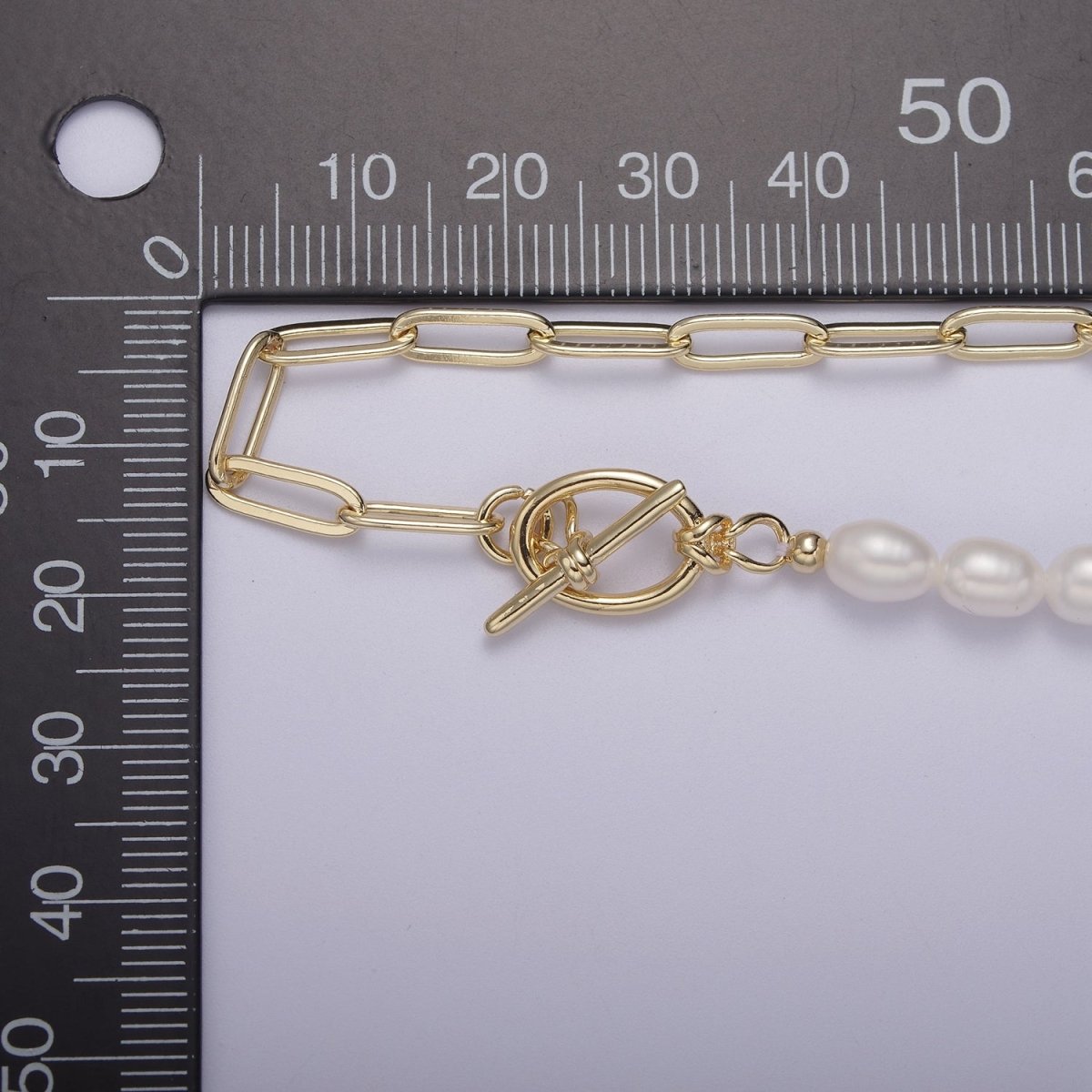 Half beaded half chain necklace in 18k gold filled | Layer Necklace paper clip chain rectangle | White Freshwater Pearl | WA-863 Clearance Pricing
