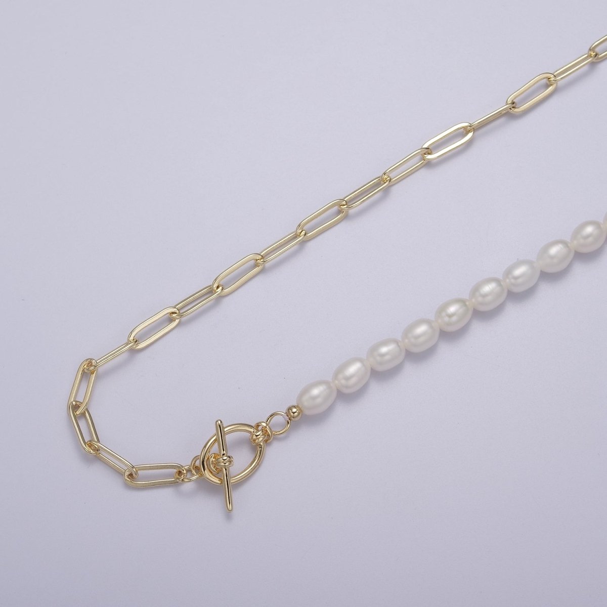 Half beaded half chain necklace in 18k gold filled | Layer Necklace paper clip chain rectangle | White Freshwater Pearl | WA-863 Clearance Pricing