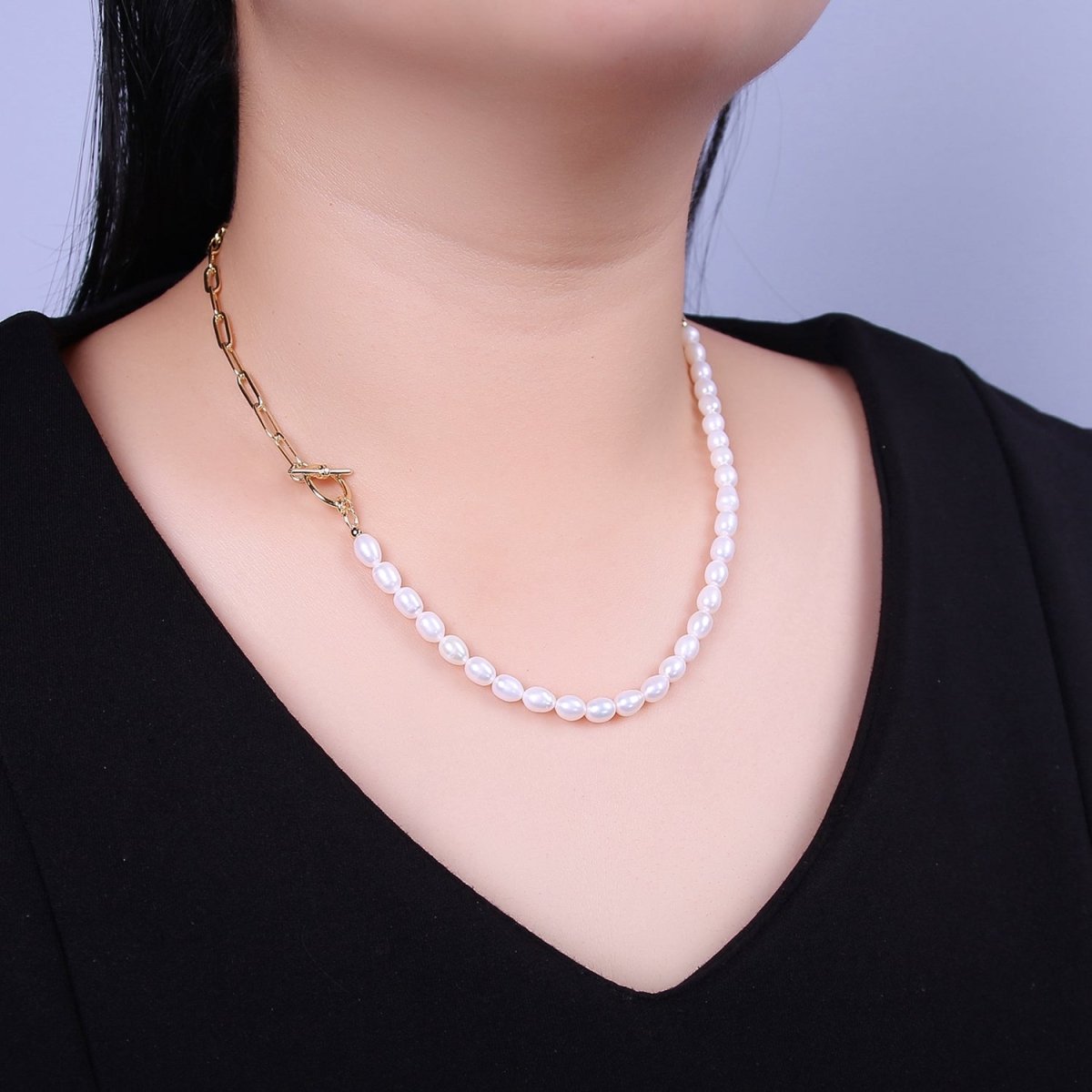 Half beaded half chain necklace in 18k gold filled | Layer Necklace paper clip chain rectangle | White Freshwater Pearl | WA-863 Clearance Pricing