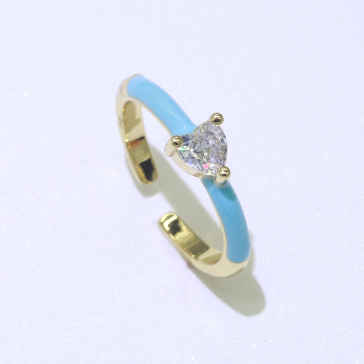 Heart Cz Ring Adjustable Gold Ring, Colorful Pastel Enamel Ring, Stackable Ring Black White Pink blue Green Ring for Women O-910~O-919