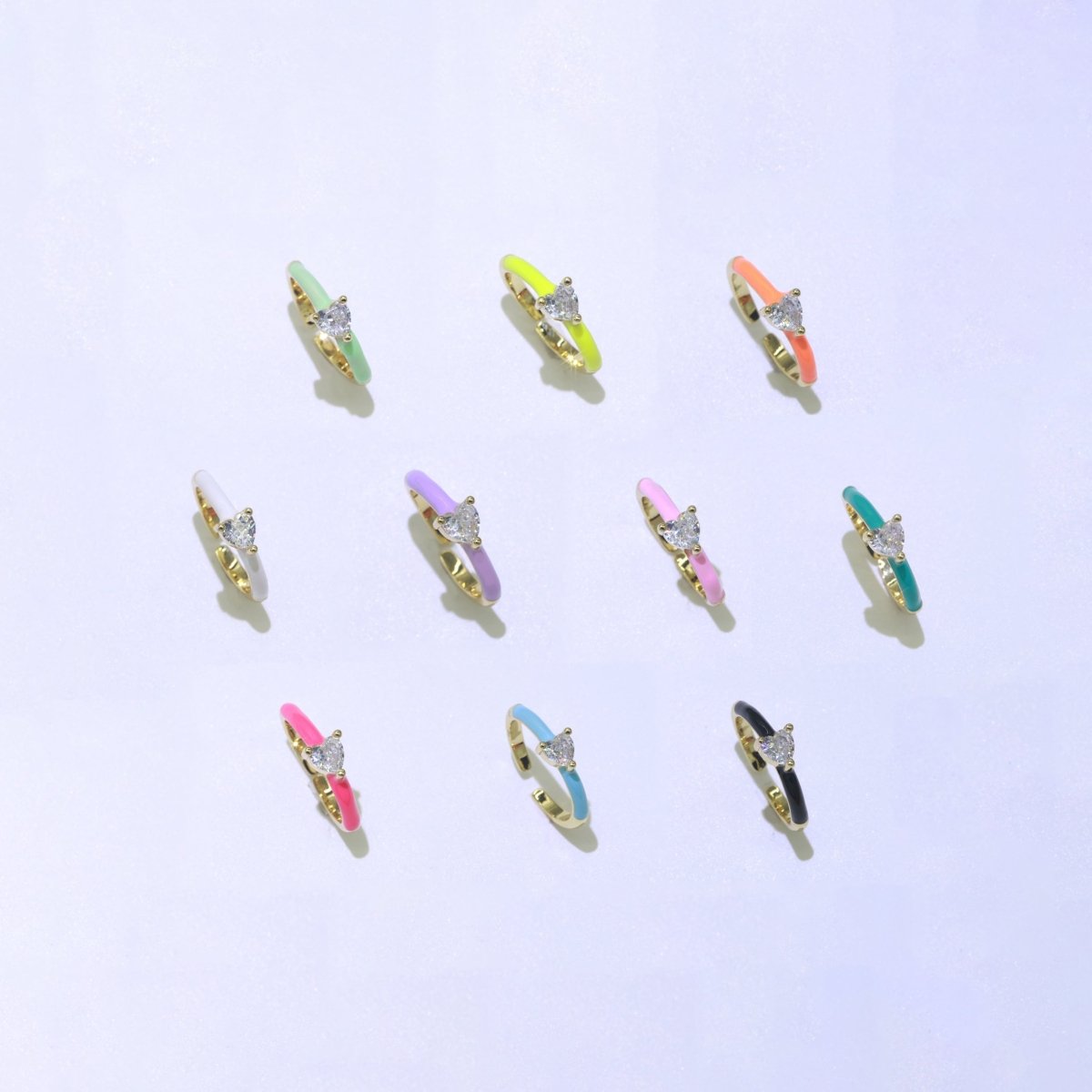 Heart Cz Ring Adjustable Gold Ring, Colorful Pastel Enamel Ring, Stackable Ring Black White Pink blue Green Ring for Women O-910~O-919