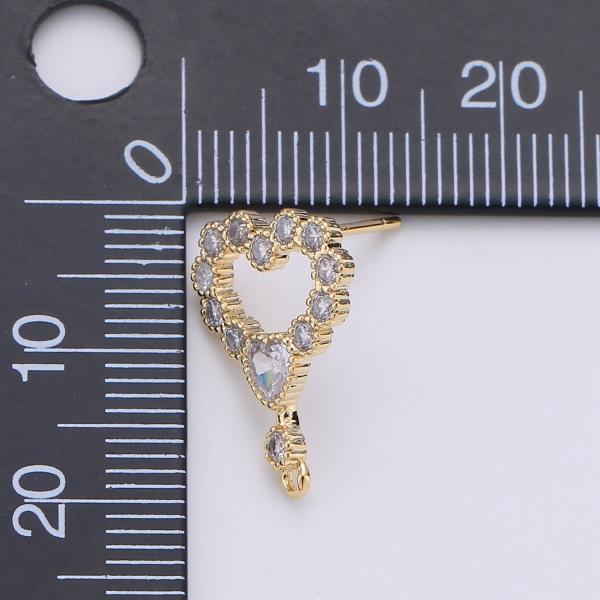 Heart Stud Earring Charm • 24k Gold Filled• Micro Pave Heart • Jewelry Making Supplies • Open Ring Attached for Jewelry Making Supply, K-402