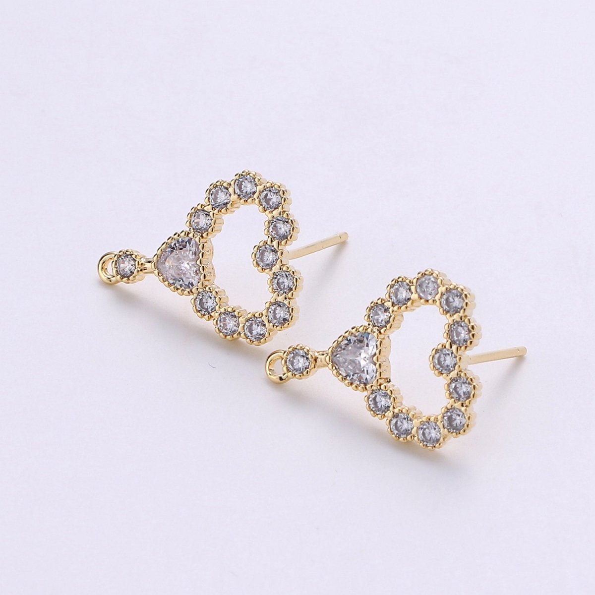 Heart Stud Earring Charm • 24k Gold Filled• Micro Pave Heart • Jewelry Making Supplies • Open Ring Attached for Jewelry Making Supply, K-402