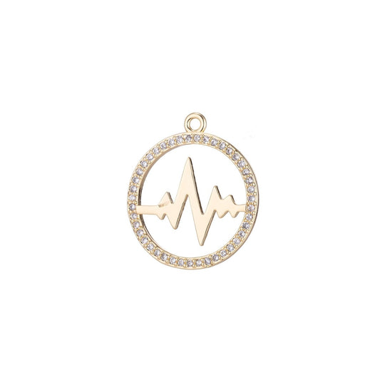 18K Gold Filled Micro Paved CZ Heart Beat Open Round Charm | C566