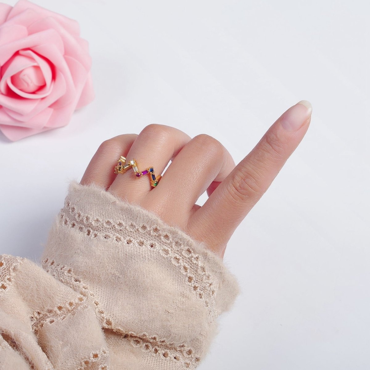 Highs And Lows Ring Baguette ZigZag Ring in 14k Gold Filled Colorful CZ Statement Ring Stackable CZ Ring O-2120